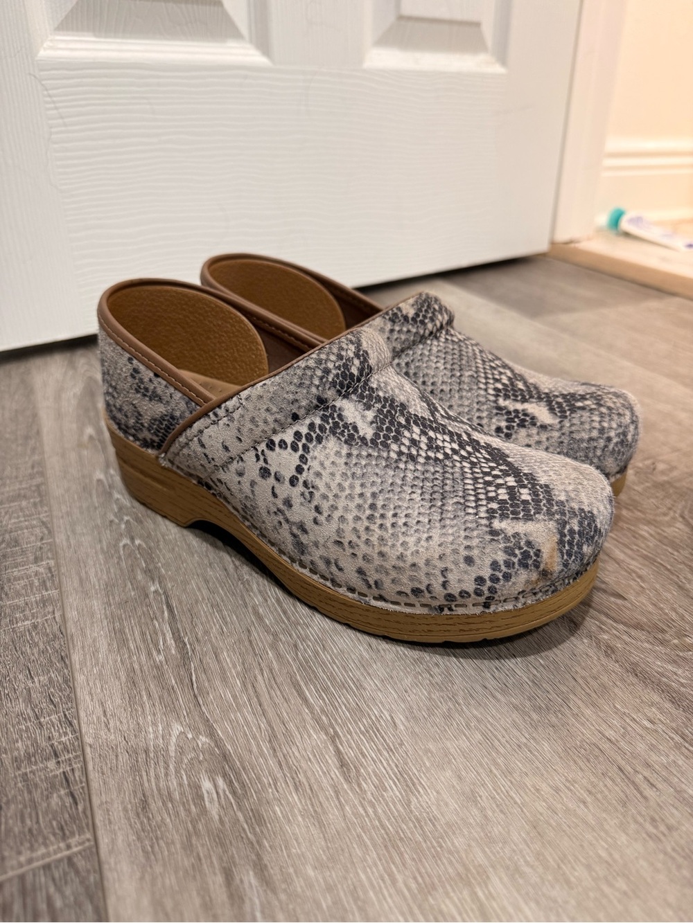 Dansko Snake-Print Slip-On Clogs in Gray and Brown